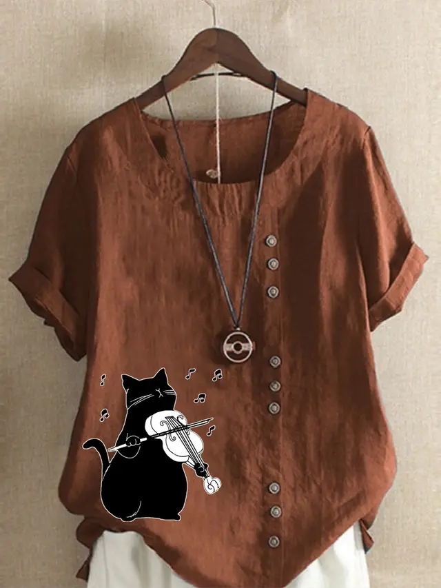 Summer Cotton And Linen Short Sleeve Top Cartoon Printed T shirt Coffee - Shop at LoveMi