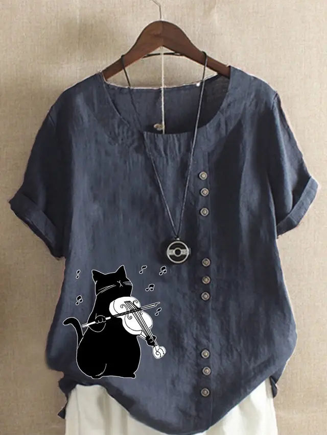 Summer Cotton And Linen Short Sleeve Top Cartoon Printed T shirt Dark Blue - Shop at LoveMi