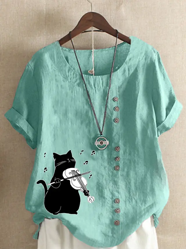 Summer Cotton And Linen Short Sleeve Top Cartoon Printed T shirt Lake Blue - Shop at LoveMi
