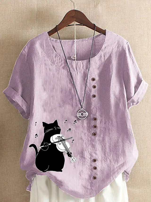 Summer Cotton And Linen Short Sleeve Top Cartoon Printed T shirt Light Purple - Shop at LoveMi