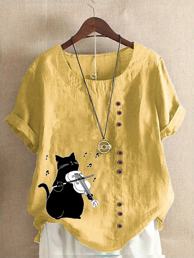 Summer Cotton And Linen Short Sleeve Top Cartoon Printed T shirt Yellow - Shop at LoveMi