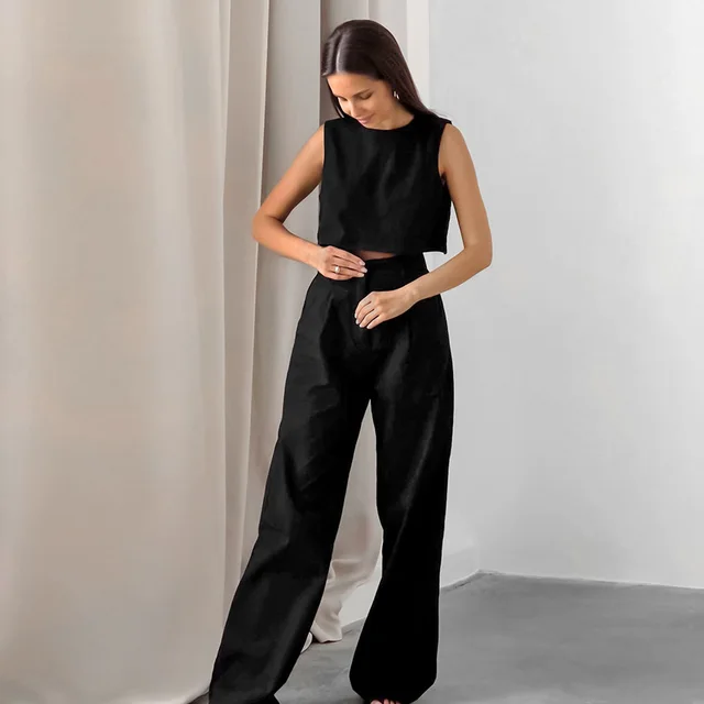 Women's Black Cotton And Linen Street Design Short Vest And Trousers Two piece Set Black - Shop at LoveMi