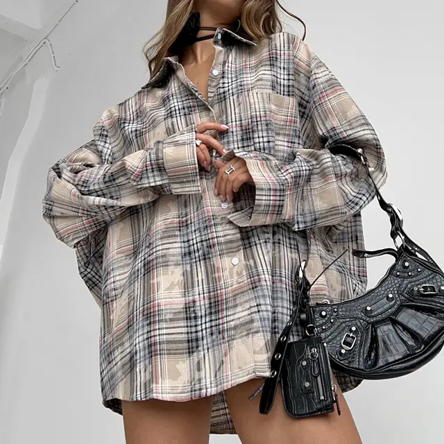Loose Retro Distressed Plaid Shirt Plaid - Shop at LoveMi