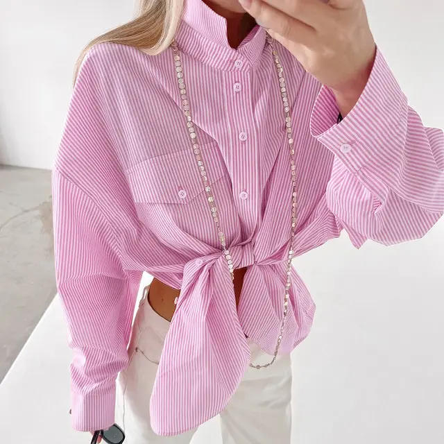 Women's Preppy Style Sweet Pink Striped Loose Outer Cotton Shirt Stripes - Shop at LoveMi