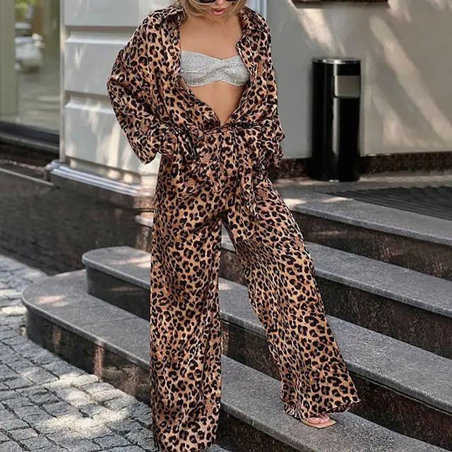 Fashion Leopard print Long sleeved Shirt Trousers Two piece Set Leopard Print - Shop at LoveMi