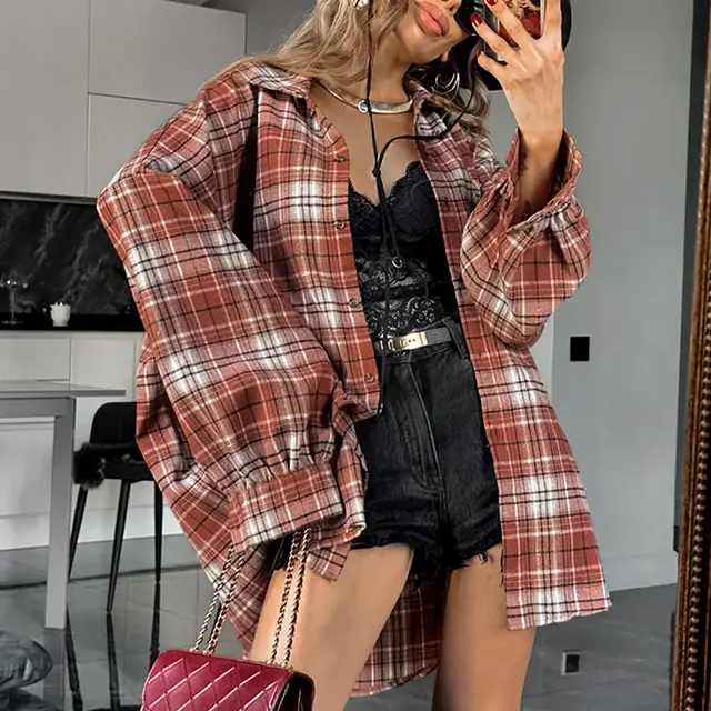 Retro Contrast Color Loose Plaid Shirt Plaid - Shop at LoveMi