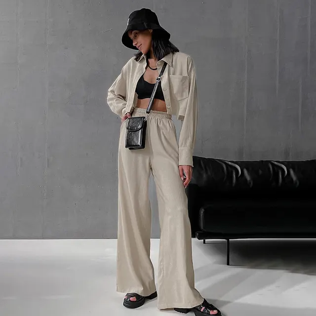 Simple Casual Loose Shirt Pants Two piece Set Khaki - Shop at LoveMi