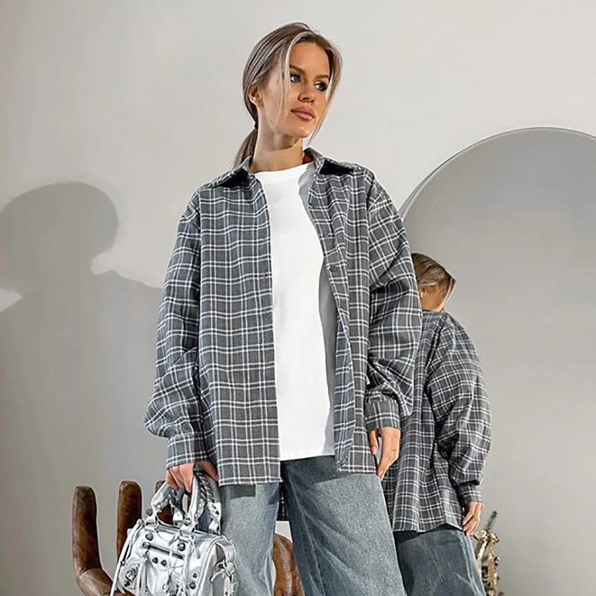 Fashion Polo Collar Gray Plaid Shirt Plaid - Shop at LoveMi
