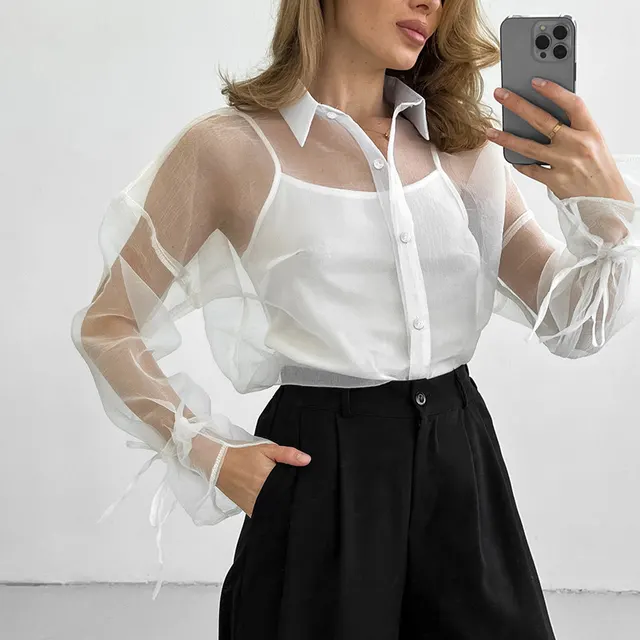 Women's Organza High grade Outer Wear Mid length Transparent Shirt White - Shop at LoveMi