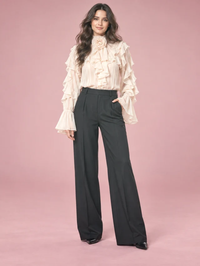 Ruffled Graceful Stand Collar Tencel Shirt Apricot - Shop at LoveMi