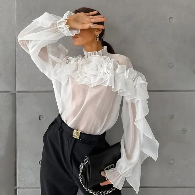 Ruffled Graceful Stand Collar Tencel Shirt White - Shop at LoveMi