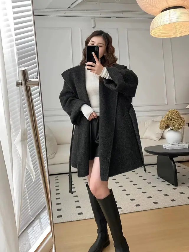Coat Red Shirt Korean Style Hooded Cashmere Double sided Woolen Woolen Coat For Women Black - Shop at LoveMi