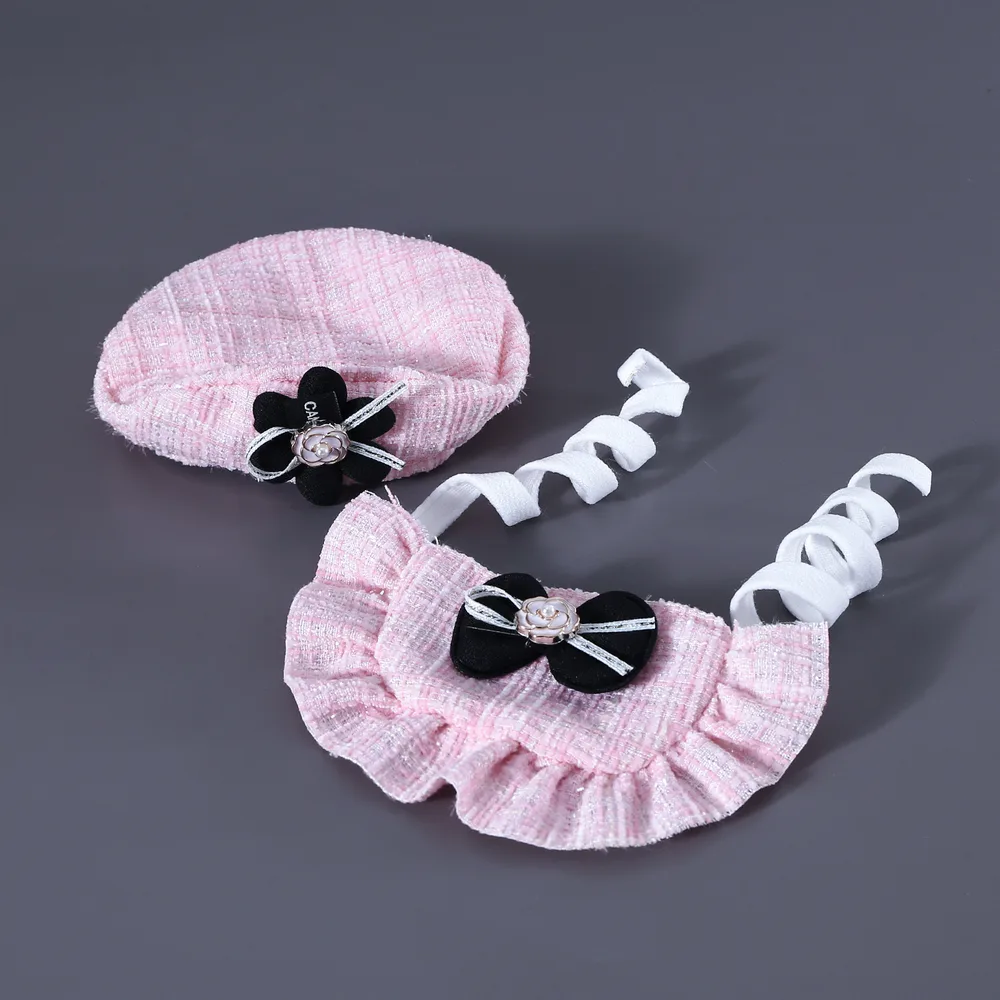 Flower Beret Hat Bow Lace Bib - Pink Flower Set Boxed