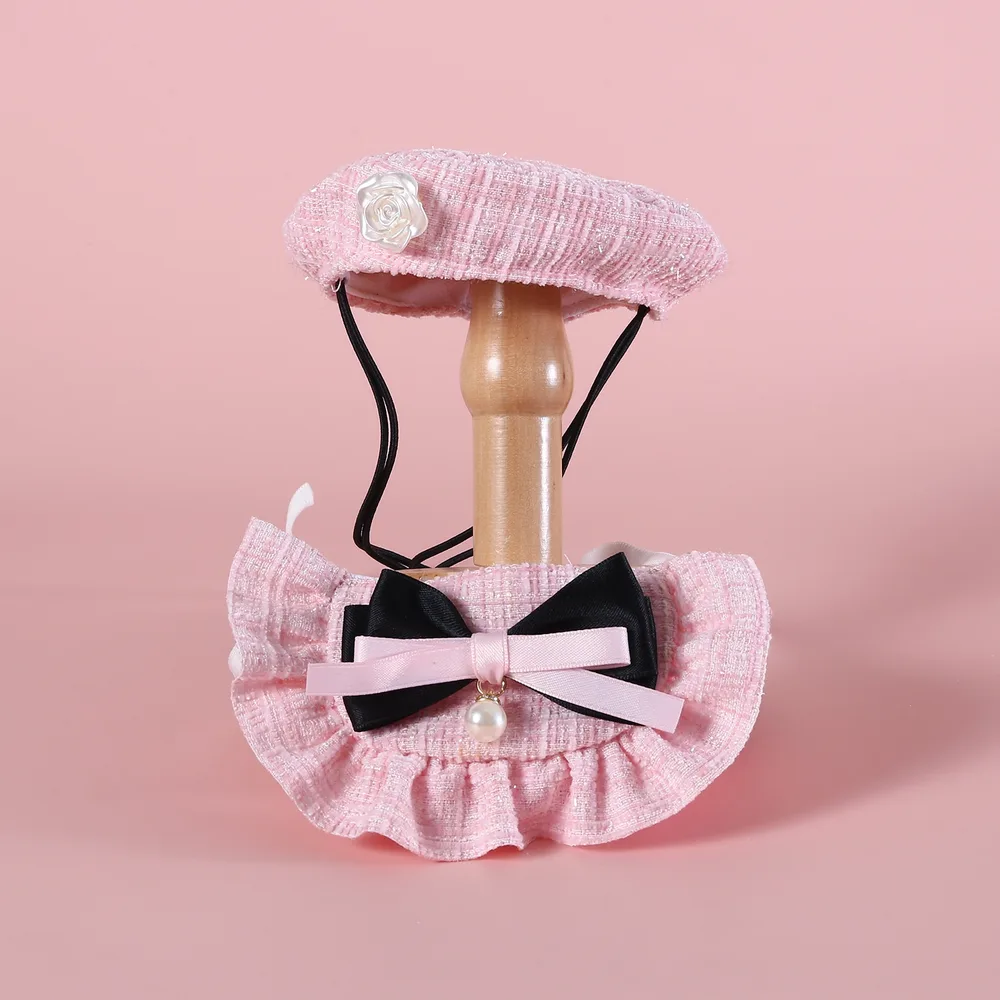 Flower Beret Hat Bow Lace Bib - Pink Set 1