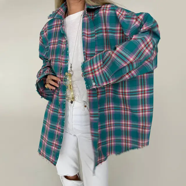 Retro Fashion Color Contrast Plaid Shirt Plaid - Shop at LoveMi