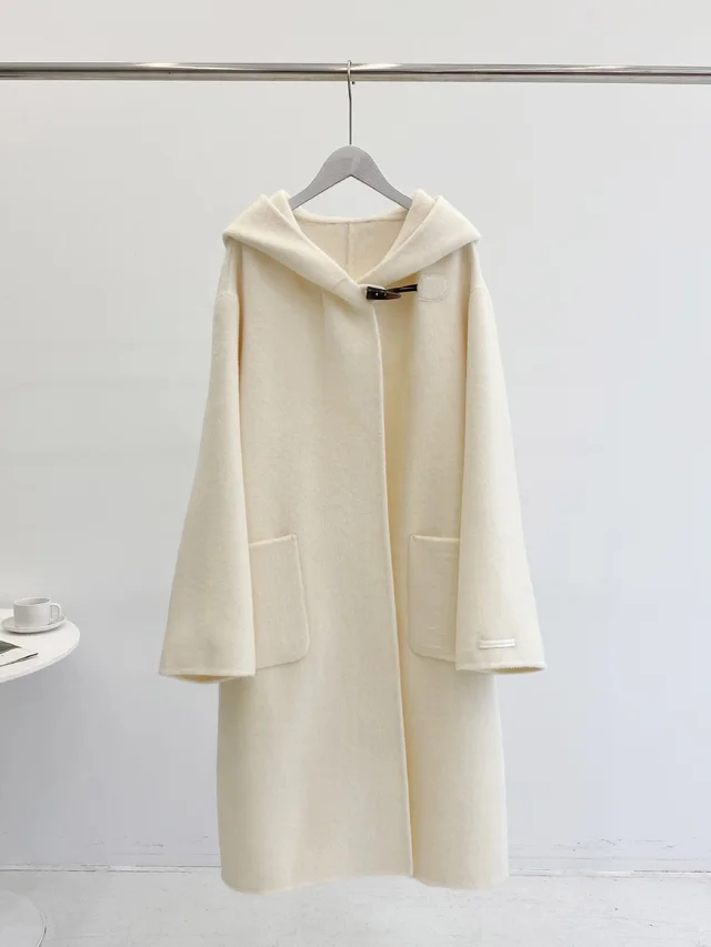 Hooded Dehaired Angora Horn Button Design Cape Reversible Cashmere Coat Cool White - Shop at LoveMi