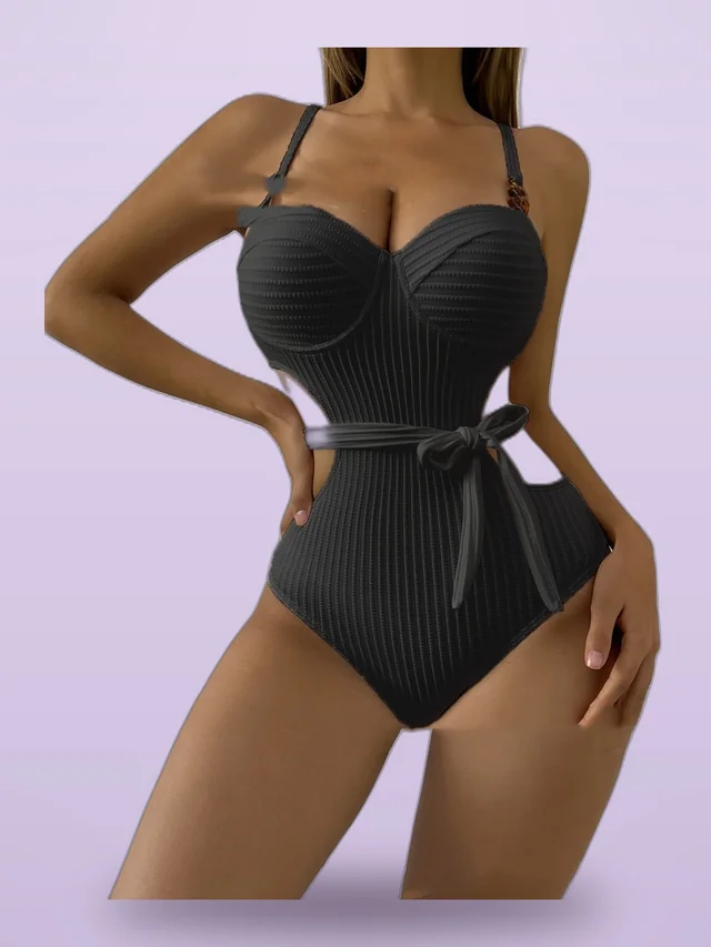 White Solid Color Wave Pattern Sling Style One piece Swimsuit Black - Shop at LoveMi