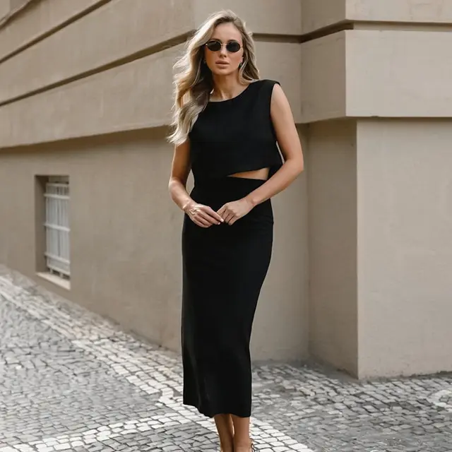 Women's Commuter Black Cotton Linen Vest Fishtail Skirt Two piece Set Black - Shop at LoveMi
