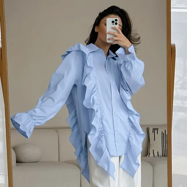 French Lapel Design Ruffled Shirt Blue - Shop at LoveMi