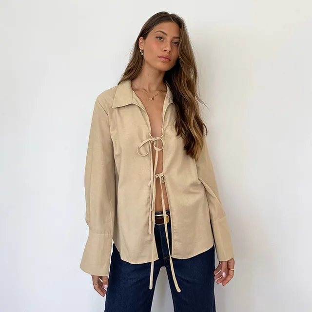 Women's Fashion Lace up Loose Casual Shirt Khaki - Shop at LoveMi