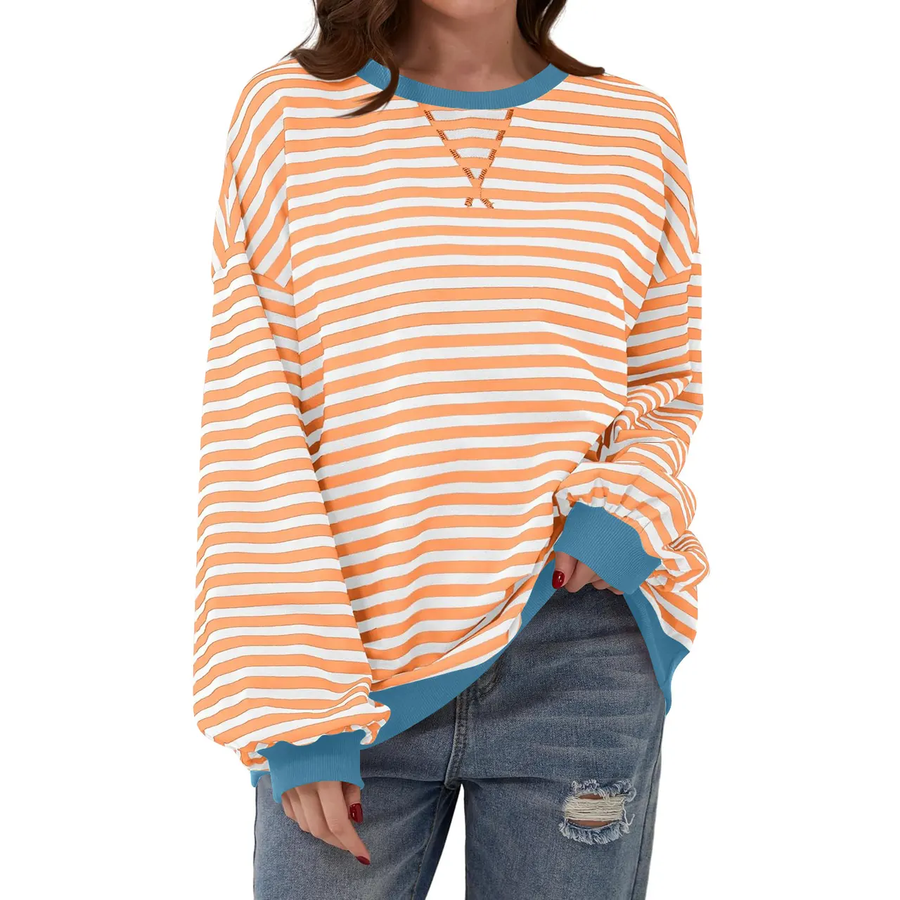 Loose Striped Long Sleeve T-shirt Casual Pullover Sweater For Womens Clothing - Beige Bottom Orange Stripe