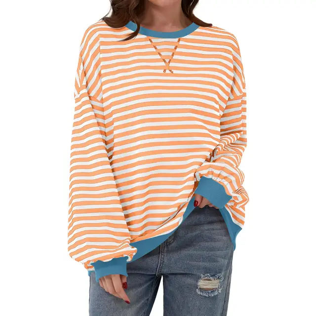 Loose Striped Long Sleeve T shirt Casual Pullover Sweater For Womens Clothing Beige Bottom Orange Stripe - Shop at LoveMi