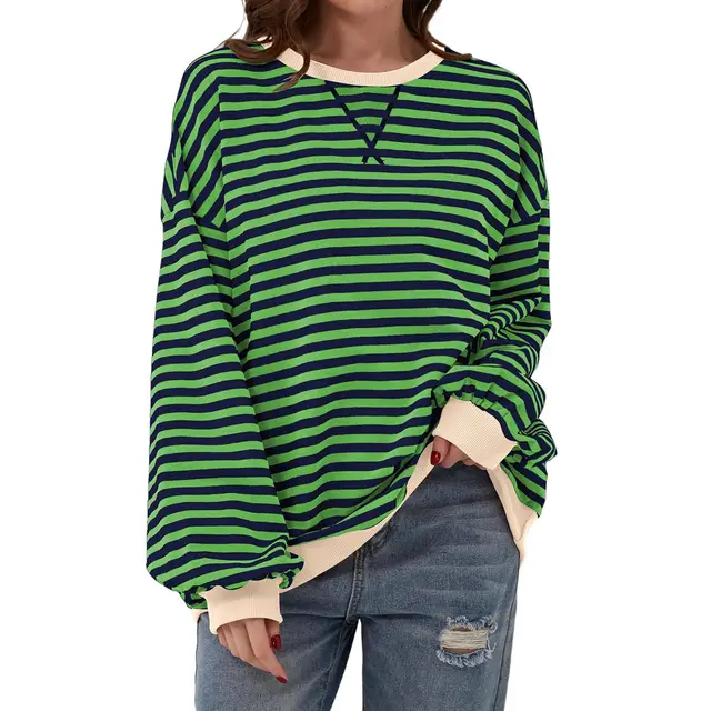 Loose Striped Long Sleeve T shirt Casual Pullover Sweater For Womens Clothing Blue And Green - Shop at LoveMi