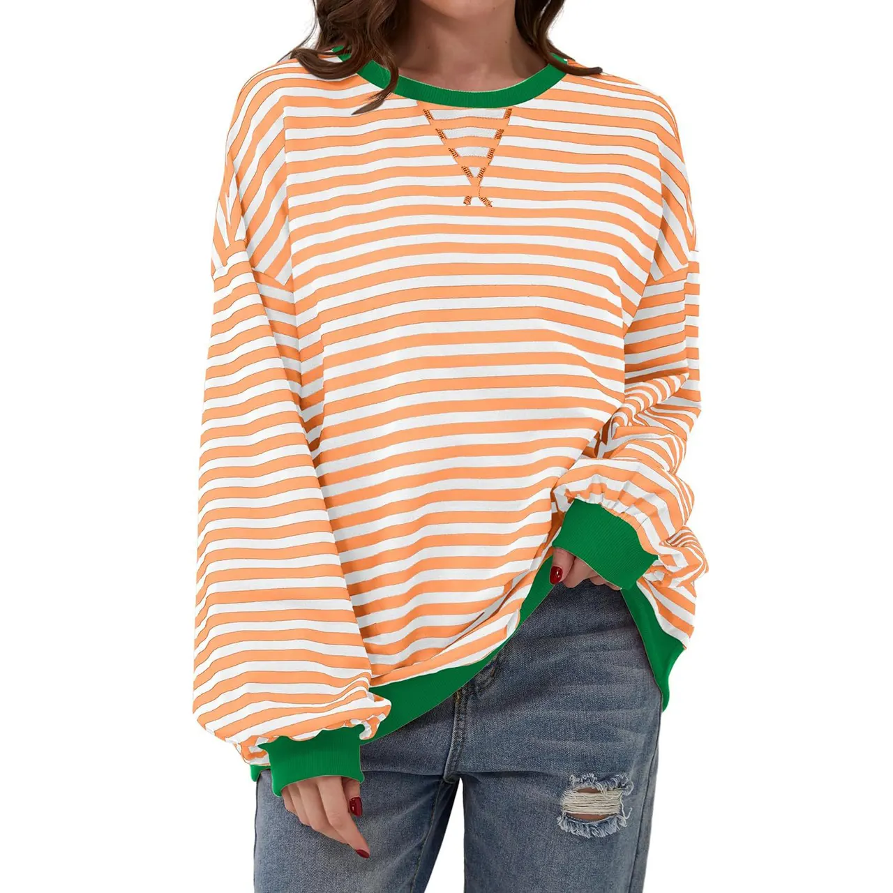 Loose Striped Long Sleeve T-shirt Casual Pullover Sweater For Womens Clothing - Orange