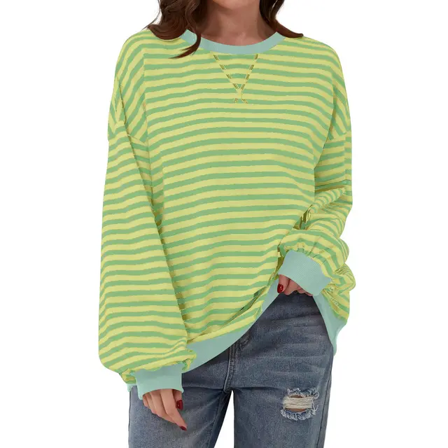 Loose Striped Long Sleeve T shirt Casual Pullover Sweater For Womens Clothing Yellow Green - Shop at LoveMi