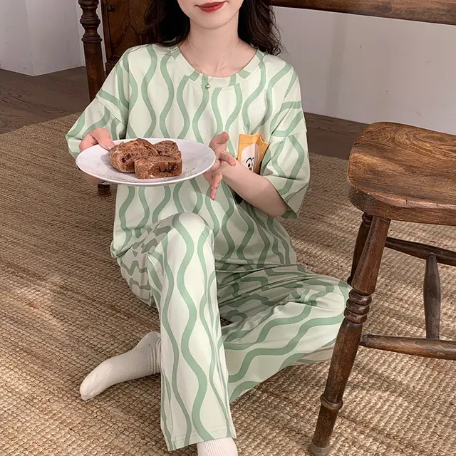 Summer Pajamas Women's Short sleeved Trousers Cotton Two piece Set Hz33506 - Shop at LoveMi