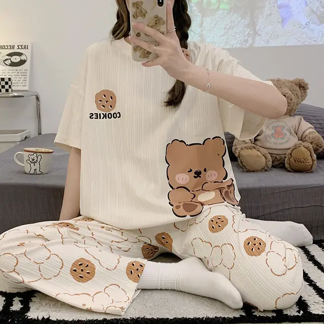 Summer Pajamas Women's Short sleeved Trousers Cotton Two piece Set Q1919 - Shop at LoveMi
