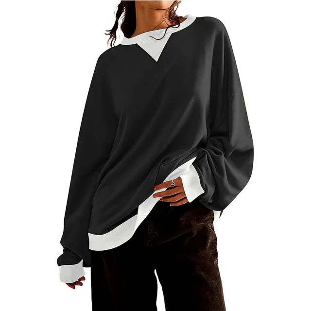 Loose Casual Contrast Color Sweater For Women Black - Shop at LoveMi