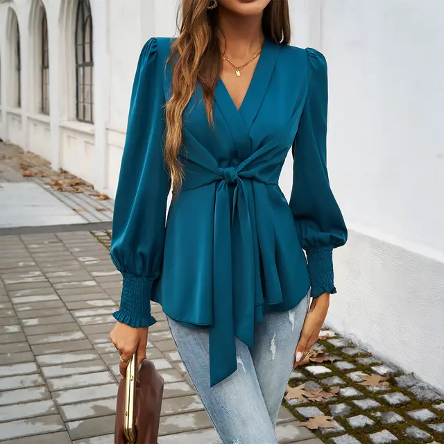 Autumn And Winter Temperament Leisure V neck Solid Color Long sleeved Top Peacock Green - Shop at LoveMi