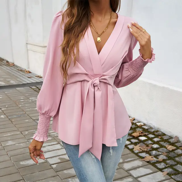 Autumn And Winter Temperament Leisure V neck Solid Color Long sleeved Top Pink - Shop at LoveMi