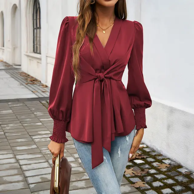 Autumn And Winter Temperament Leisure V neck Solid Color Long sleeved Top Wine Red - Shop at LoveMi