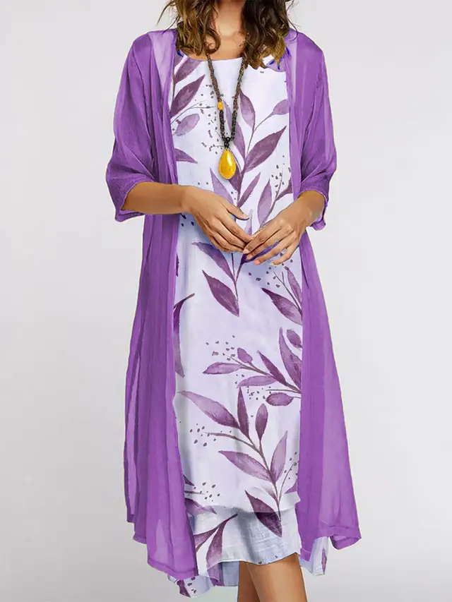 Women's Dress Two piece Set Flowers And Plants Printed Round Neck Dress And Coat Bamboo Leaf Purple - Shop at LoveMi