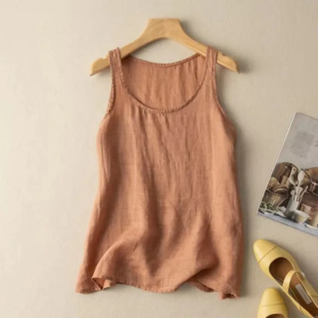 Artistic Retro Loose Solid Color Cotton Linen Vest Women's Top Orange - Shop at LoveMi