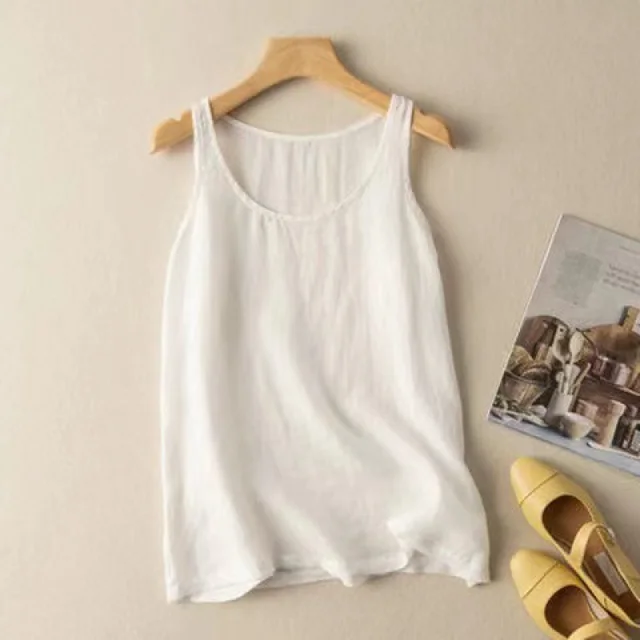 Artistic Retro Loose Solid Color Cotton Linen Vest Women's Top White - Shop at LoveMi
