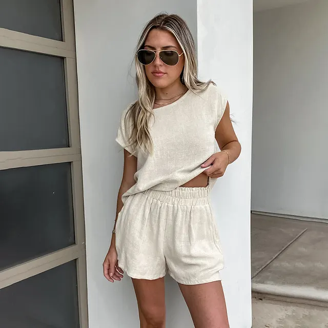 Women's Khaki Cotton And Linen Drop shoulder Sleeve Vest Shorts Two piece Set Khaki - Shop at LoveMi