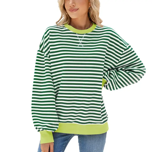 Women's Stripes Round Neck Contrast Color Loose Long Sleeve Sweatershirt Green & White Stripes - Shop at LoveMi