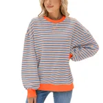 Women's Stripes Round Neck Contrast Color Loose Long Sleeve Sweatershirt - Greyish Pink Stripes
