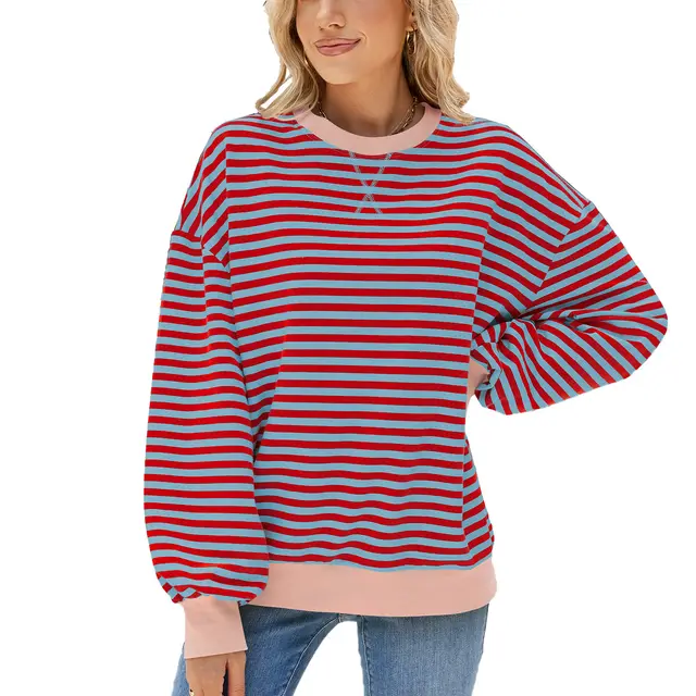 Women's Stripes Round Neck Contrast Color Loose Long Sleeve Sweatershirt Red And Gray Striped - Shop at LoveMi