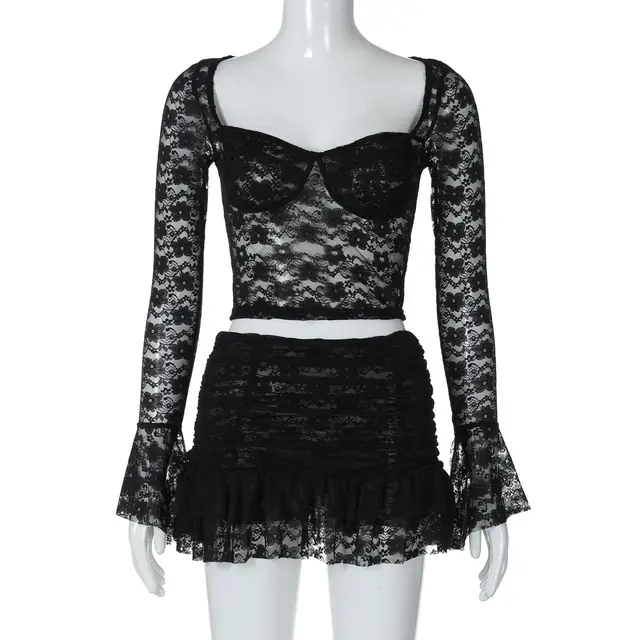 Sexy Low Cut Bell Sleeve Lace Midriff baring Top Pleated Skirt Two piece Set Black - Shop at LoveMi