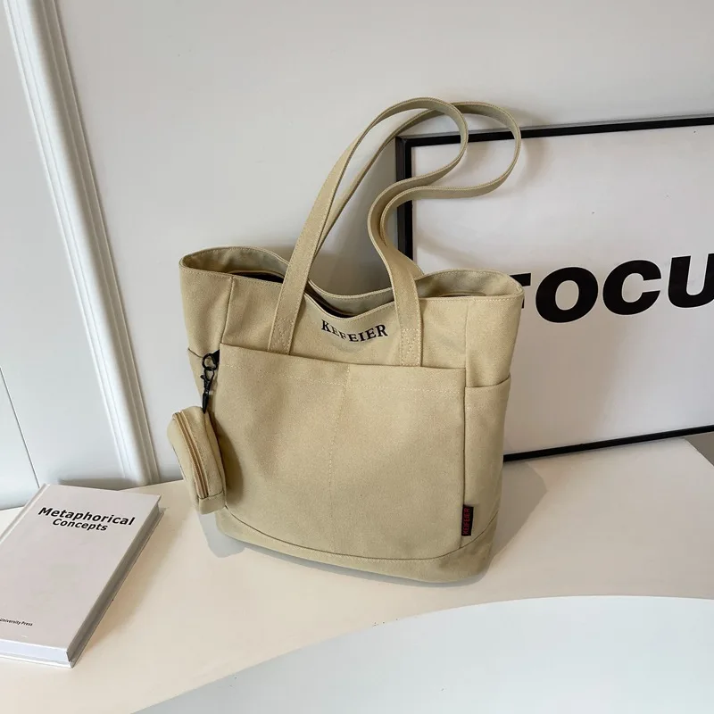 Canvas Shoulder Leisure Class Commuter Tote Bag Khaki - Shop at LoveMi