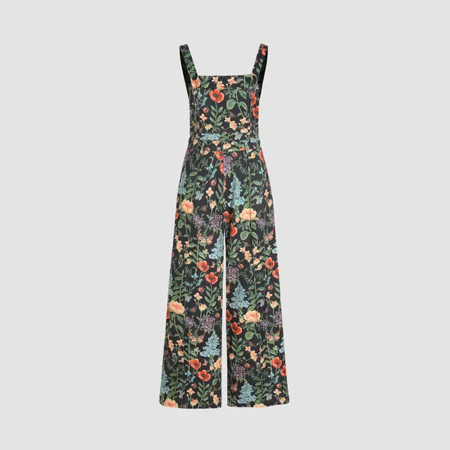 Cross border Floral Print Button Wide Leg Jumpsuit In Stock Black - Shop at LoveMi