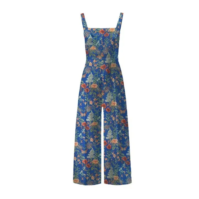 Cross border Floral Print Button Wide Leg Jumpsuit In Stock Blue - Shop at LoveMi