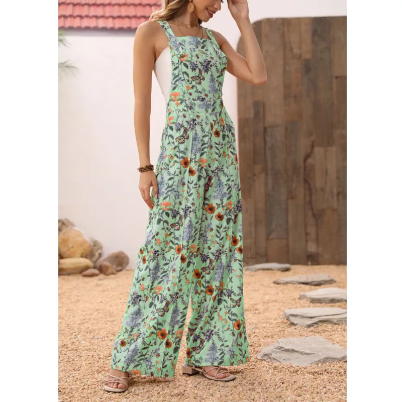 Cross-border Floral Print Button Wide Leg Jumpsuit In Stock - Green