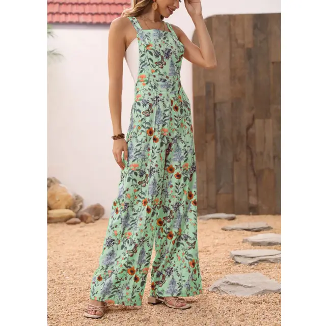 Cross border Floral Print Button Wide Leg Jumpsuit In Stock Green - Shop at LoveMi