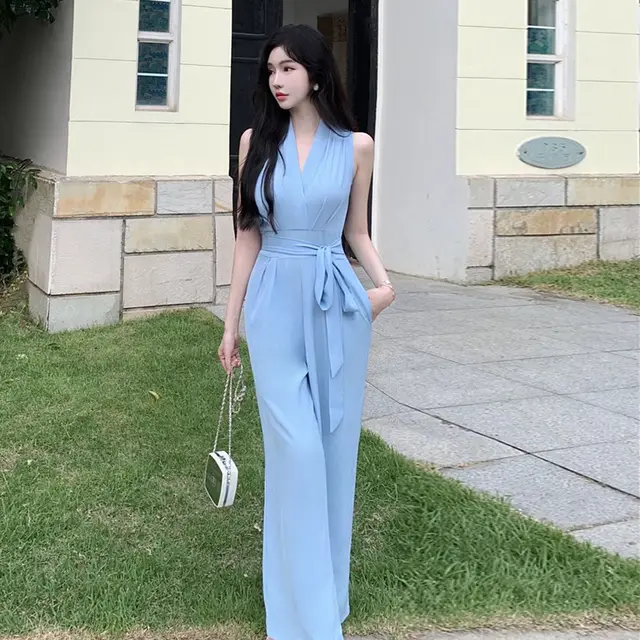 Southeast Asia French Hepburn Style V neck Waist Trimming Lace Up Jumpsuit Women Blue - Shop at LoveMi