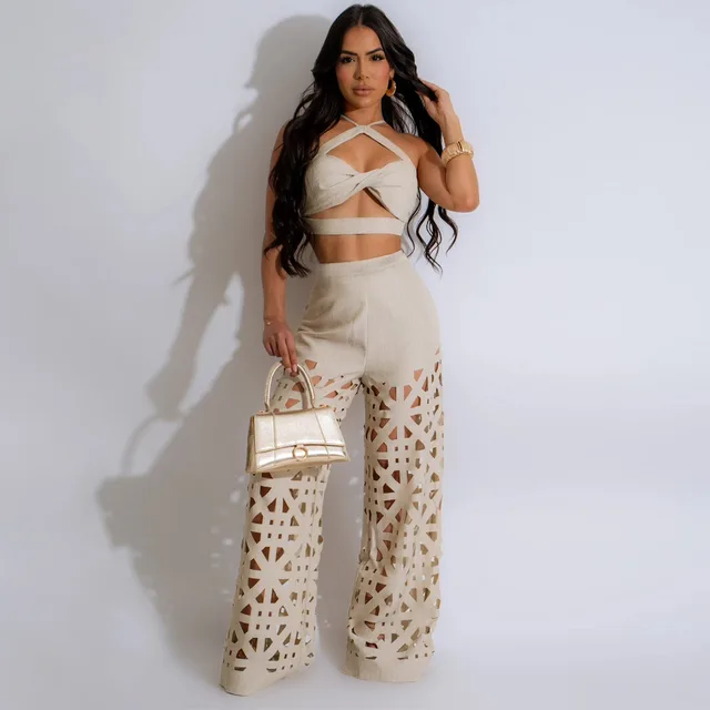 Burnt Flower Two piece Set Sexy Camisole Hollow out Wide leg Pants Apricot - Shop at LoveMi